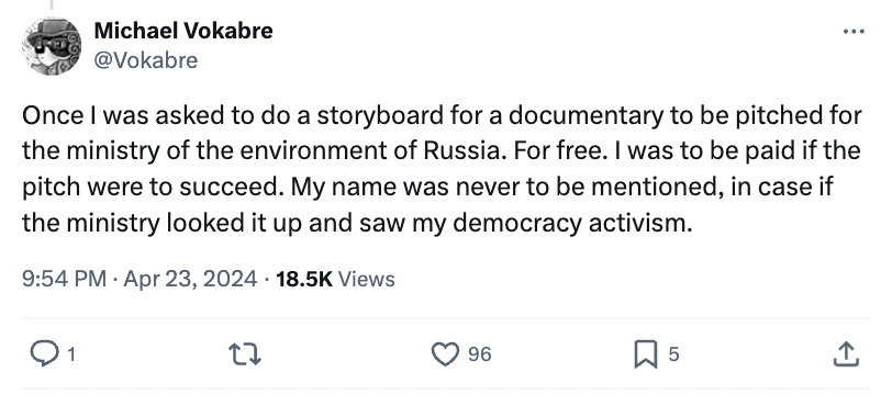 screenshot - Michael Vokabre Once I was asked to do a storyboard for a documentary to be pitched for the ministry of the environment of Russia. For free. I was to be paid if the pitch were to succeed. My name was never to be mentioned, in case if the mini